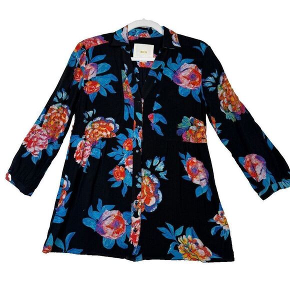 Maeve Woodland Walk Button Down Shirt Black‎ Floral Print Anthropologie Size 4 - Picture 1 of 6